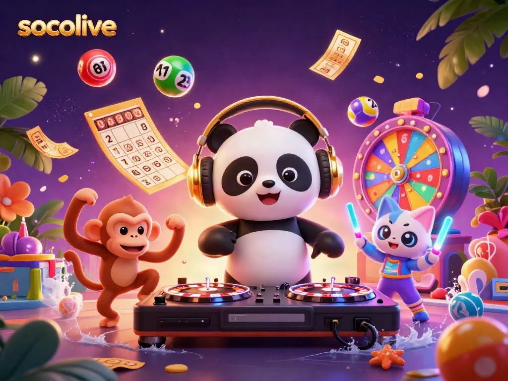 Socolive brings vibrant casino fun with a DJ panda, dancing monkey, and rave kitten amidst colorful lottery elements.