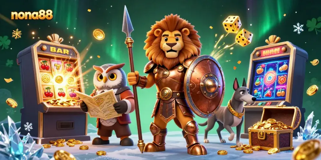 Experience the excitement of nona88 with a dynamic 3D casino illustration bursting with vibrant details and characters!