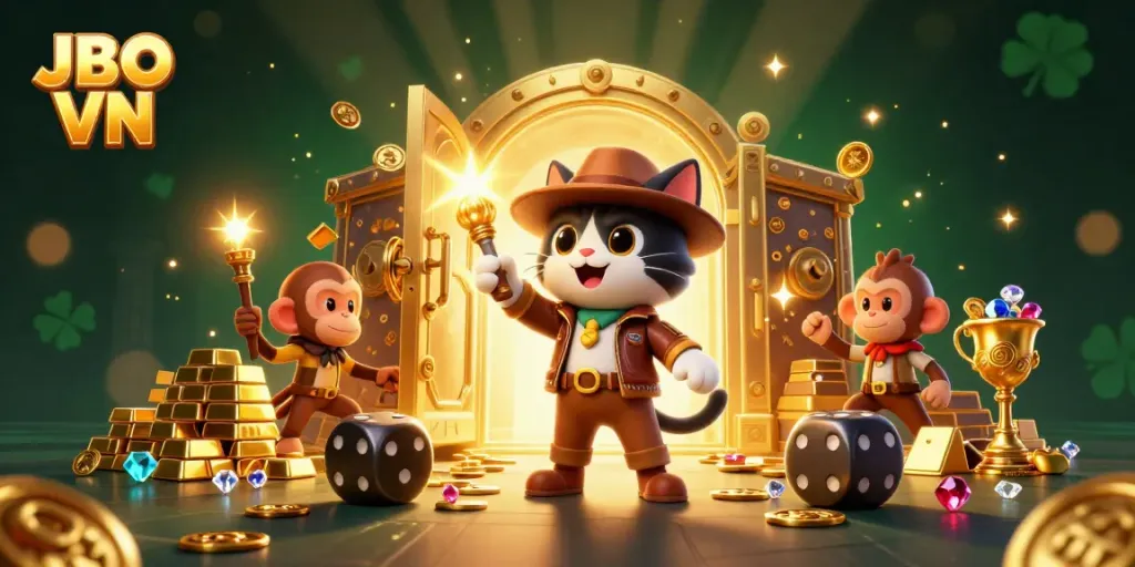 Engage in thrilling casino adventures with JBO VN, featuring an explorer cat and monkey companion in a treasure-filled temple.