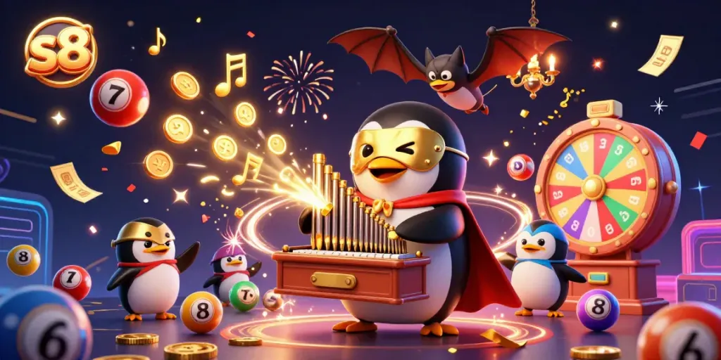 Experience the excitement of S8 with a vibrant 3D illustration showcasing a penguin playing an organ, surrounded by dynamic casino elements.