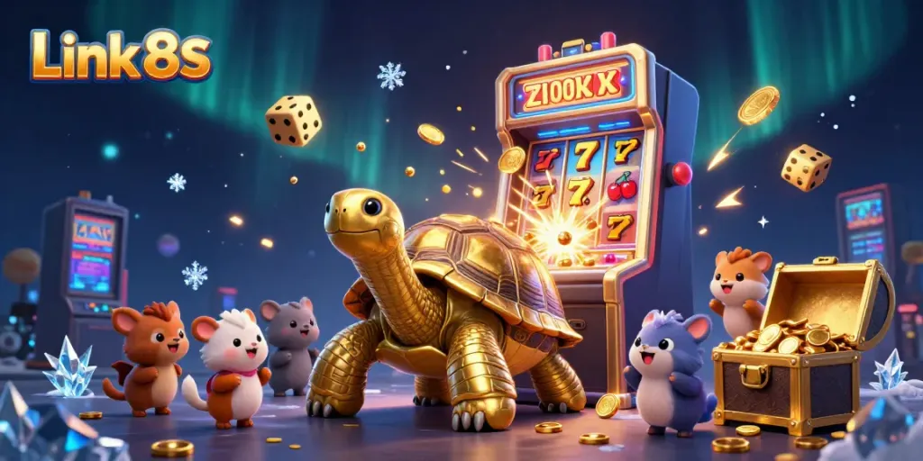 Link 8S casino scene showcasing a golden tortoise pinball machine surrounded by vibrant slot elements.