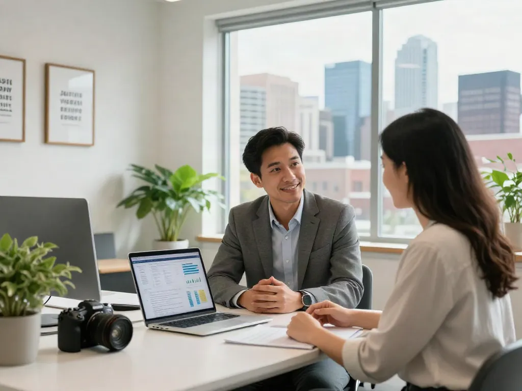 Consultation for Payday Loans Co Calgary in a professional financial office with urban skyline view.
