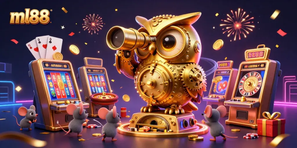 Engage in exciting gameplay with ml88 as a golden owl surveys a vibrant casino floor filled with action.