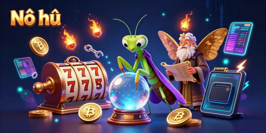 Nổ hũ features vibrant characters and slot game elements in a mystical 3D rendering, engaging gamblers.
