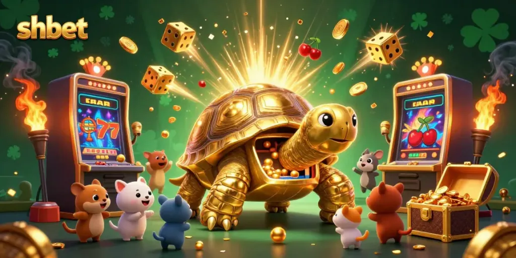 Experience the thrill at shbet with golden tortoise and dynamic casino elements.