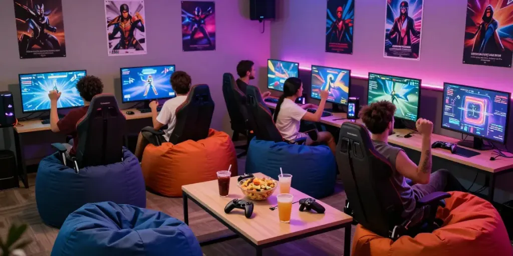 Thrilling gaming session featuring harta88 in a vibrant arena, friends engaged and enjoying gaming.