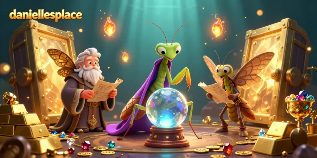 Engaging scene of a praying mantis fortune teller at daniellesplace with treasures and mystical elements.