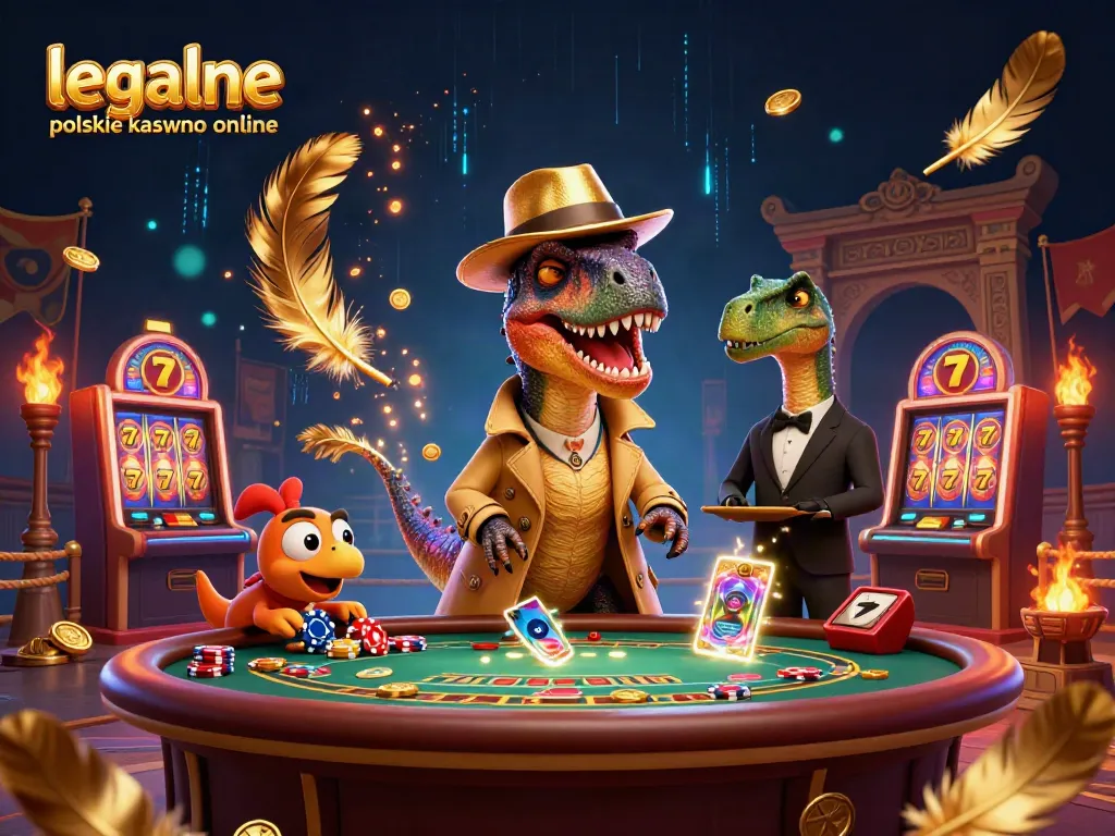 Engaging scene highlighting a legalne polskie kasyno online with interactive cartoon characters at a blackjack table.