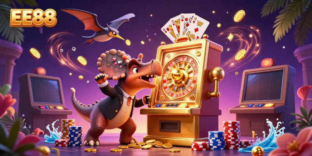 Experience jackpots with EE88 as a pachycephalosaurus hits a golden slot machine amidst a colorful casino scene