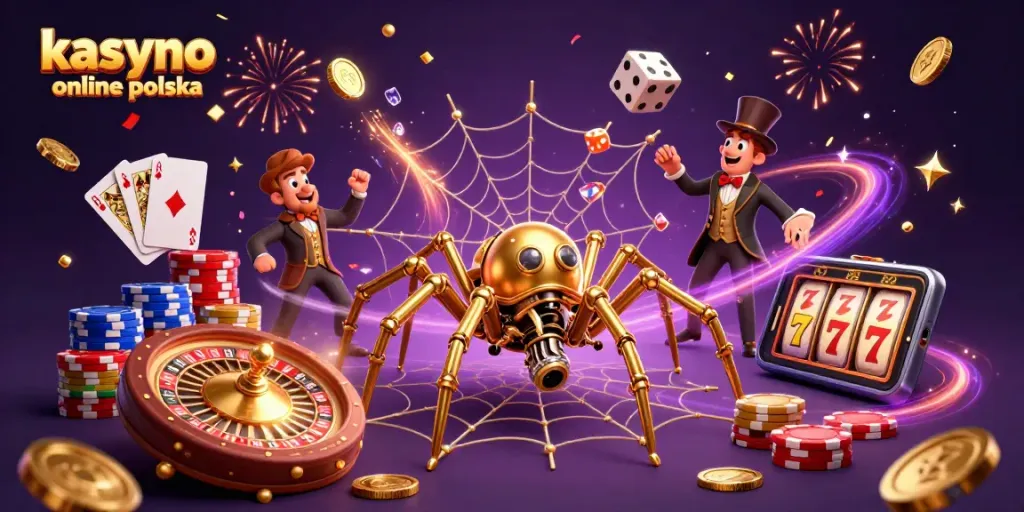 Experience the thrill of kasyno online polska with a steampunk spider catching dice amidst vibrant casino elements.