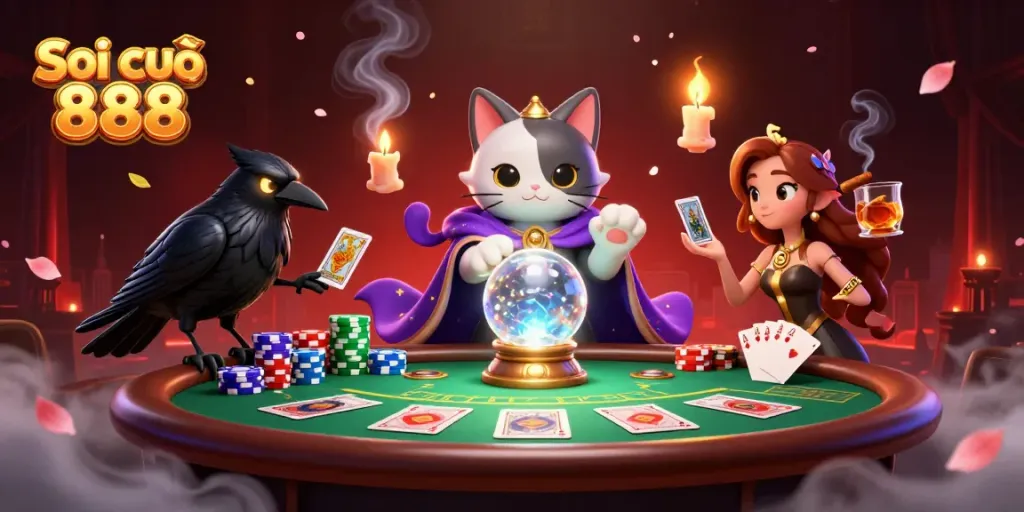 Soi cầu 888 scene showcasing a mystical cat with tarot raven and poker elements for gamblers
