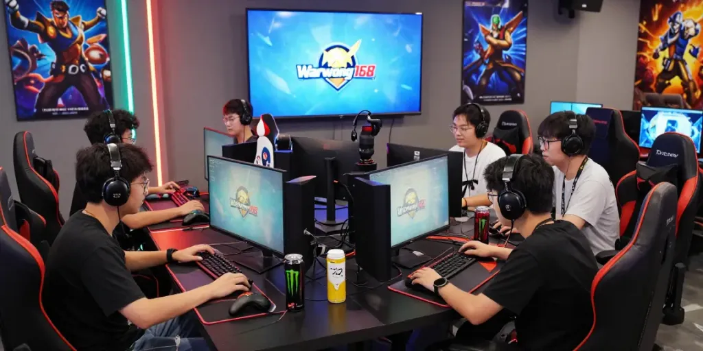 Engaged gamers in a vibrant warung168 community hub showcasing dynamic online gaming.