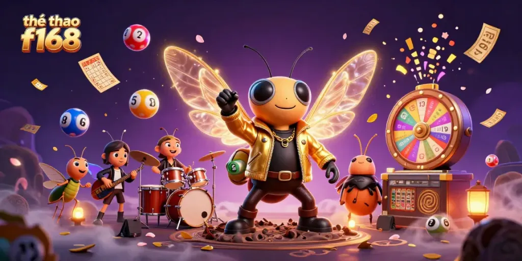 Experience the thrill of thể thao f168 with this vibrant 3D illustration of a cartoon rock star and dynamic gambling elements.