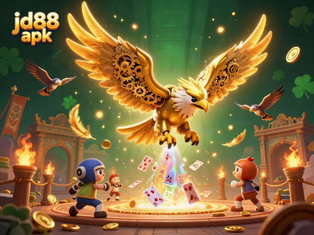 Play exciting games like jd88 apk with a dazzling 3D eagle soaring through a cascade of holographic cards.