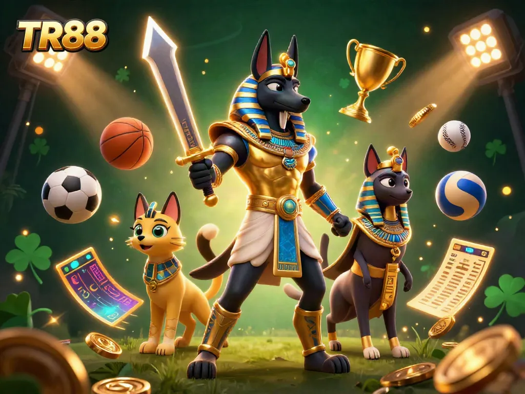 Engage with TR88 through an exciting illustration showcasing ancient Egyptian warrior and sacred cat among vibrant gambling elements.