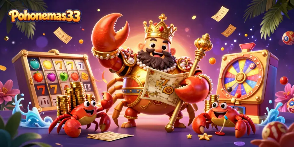 Pohonemas33 menampilkan ilustrasi kasino digital dengan kerajaan seru dari karakter kepiting emas dan permainan slot penuh warna.