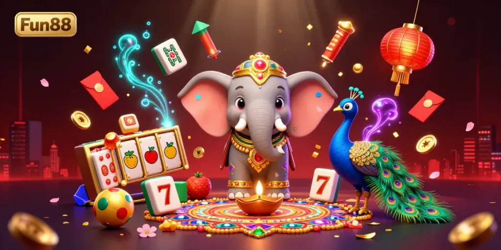 Experience Fun88's vibrant casino atmosphere with an ornate elephant and floating gold elements.
