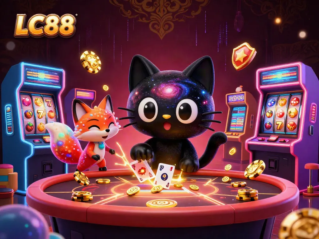 Experience the cosmic thrill of LC88 with a playful black hole cat and vibrant gaming elements.