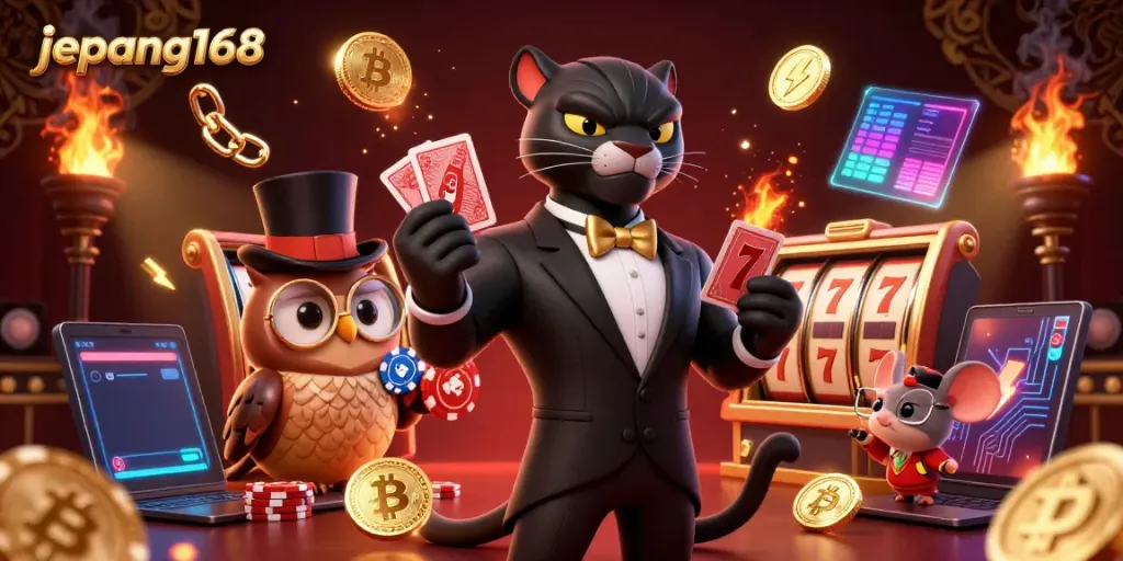 Engage in thrilling gaming at Jepang168 with a stylish panther dealing cards surrounded by vibrant casino elements.