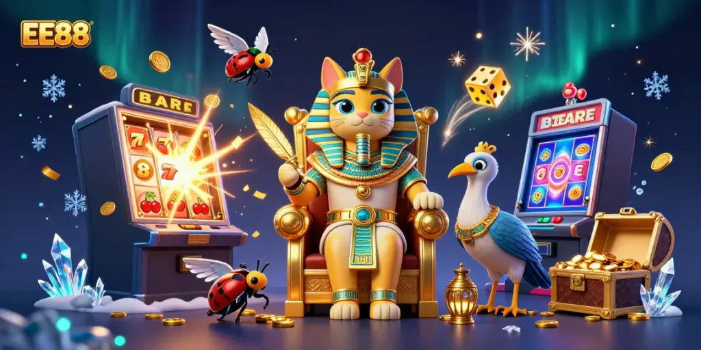 Engage in the thrilling world of EE88 with a vibrant casino scene featuring Egyptian-themed characters and jackpot excitement.