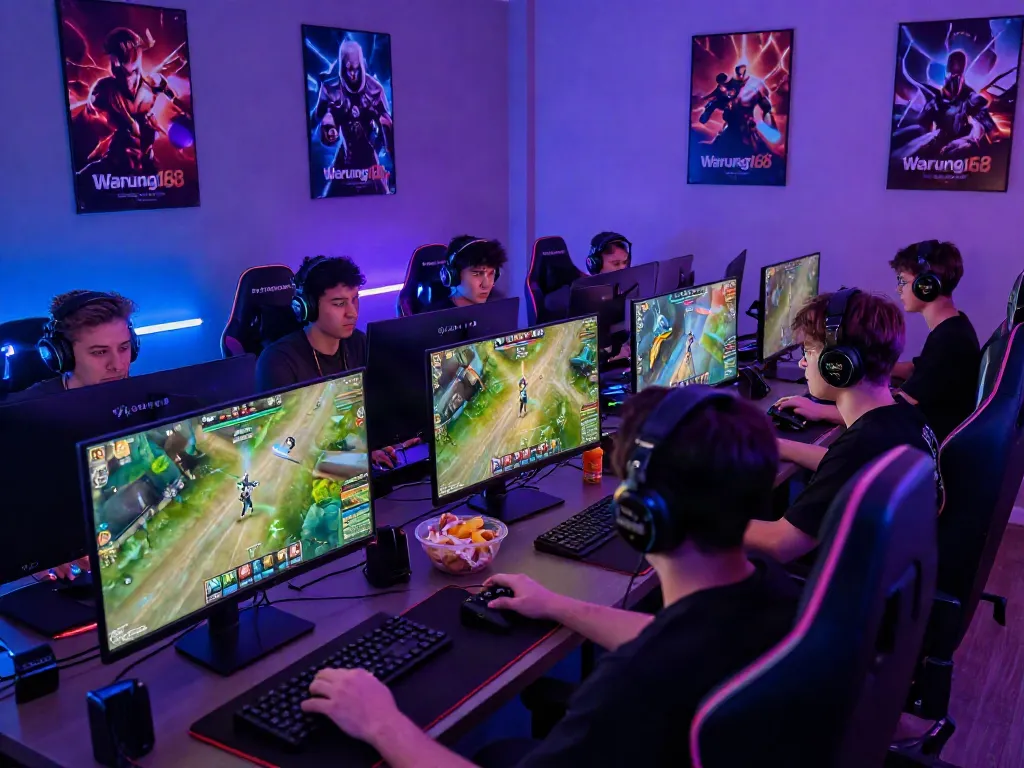 Engaging Warung168 gaming community scene with diverse players in vibrant environment