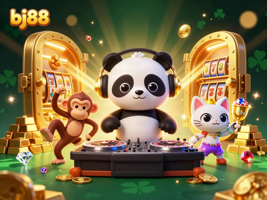 Engage with bj88's exciting casino experience featuring a DJ panda, dancing monkey, and glowing kitten in action.