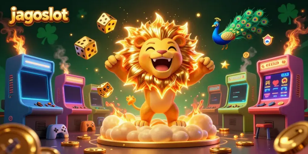 Gamer menikmati pengalaman jagoslot dengan mesin arcade dan dadu emas yang megah.