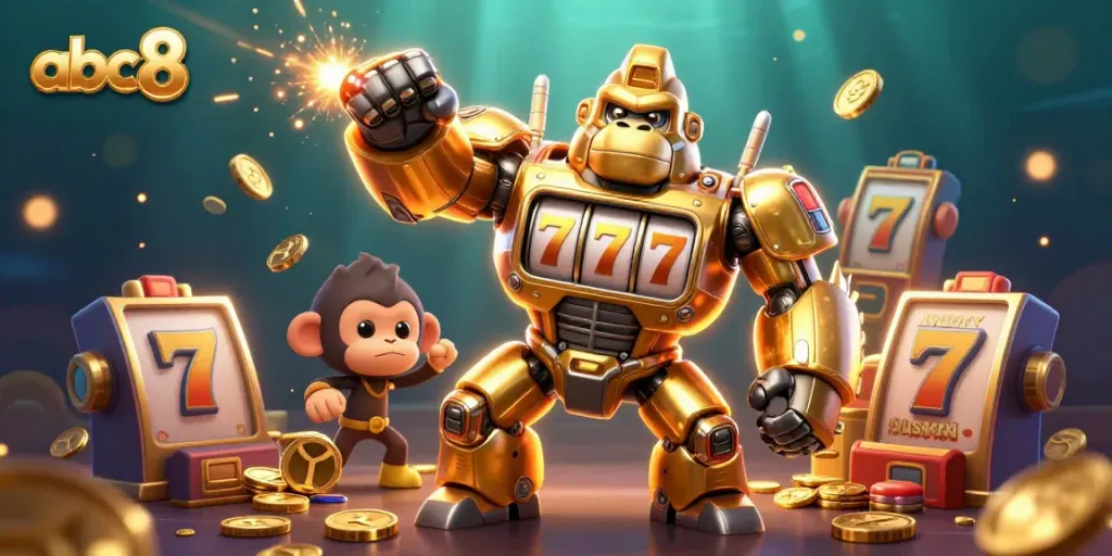 Experience thrilling wins at abc8 with an exciting illustration of a golden gorilla mech and slots.