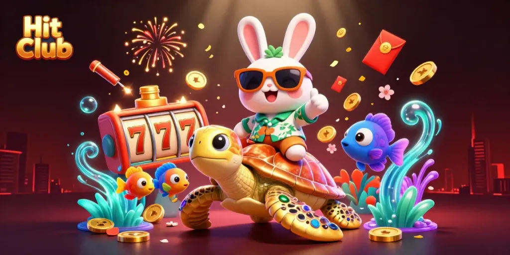 Engage with Hit Club's vibrant casino scene featuring a lucky rabbit and golden turtle.