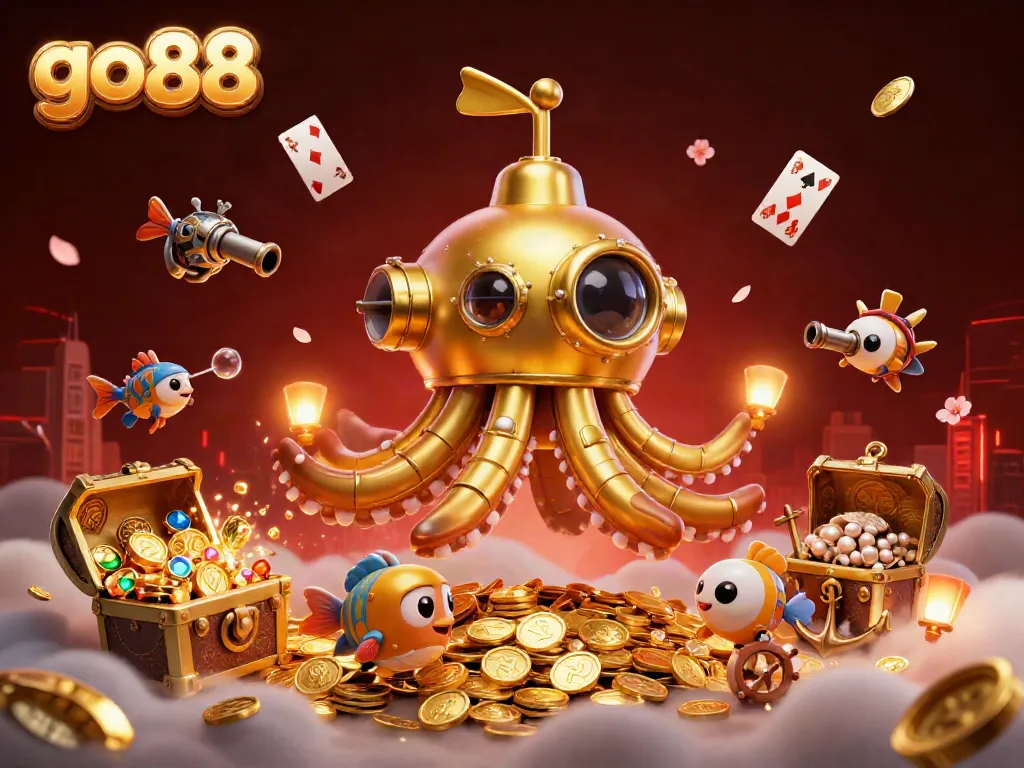 Experience the excitement of go88 with a 3D kraken submarine and mechanical fish swimming through golden coins.