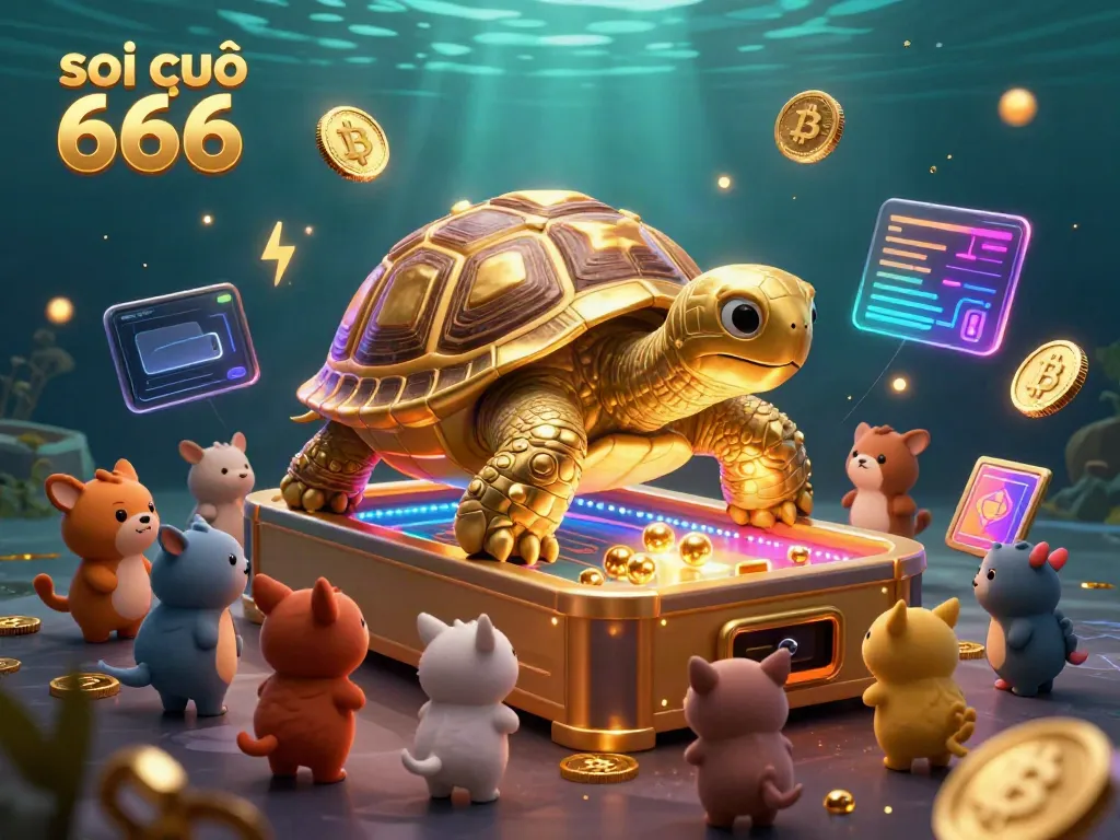 Soi cầu 666 features a colossal golden tortoise pinball machine entertaining small animals amidst Bitcoin and Ethereum coins.