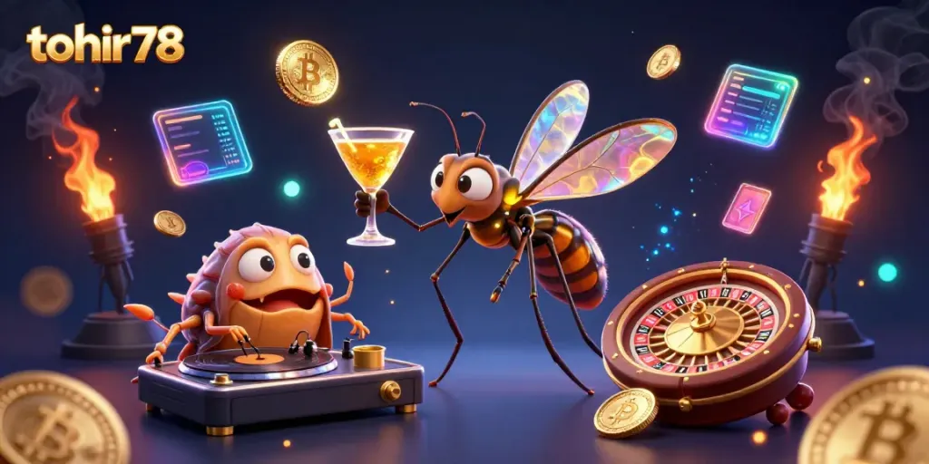 Experience gaming excitement with tohir78, featuring a lively mosquito mascot and casino elements.
