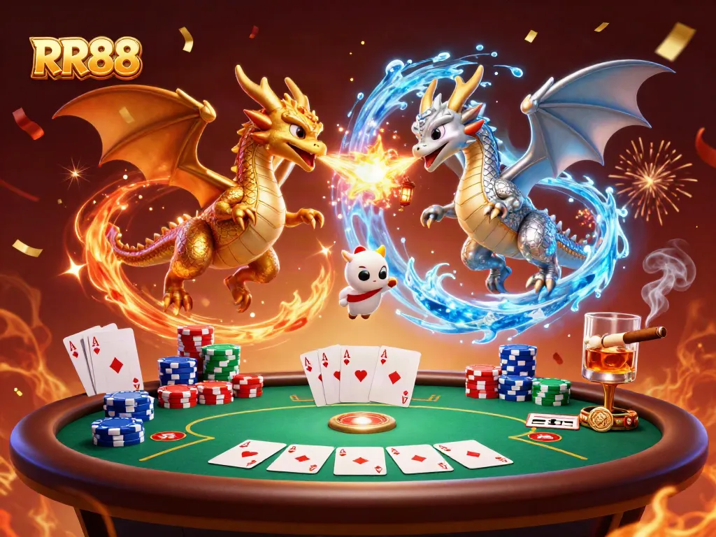 Experience the RR88 dragon duel with fiery and icy breath in an exciting poker scene