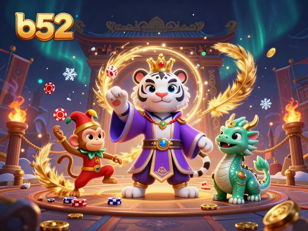 Engage in thrilling b52 casino adventures with a vibrant and dynamic 3D illustration featuring animated characters.