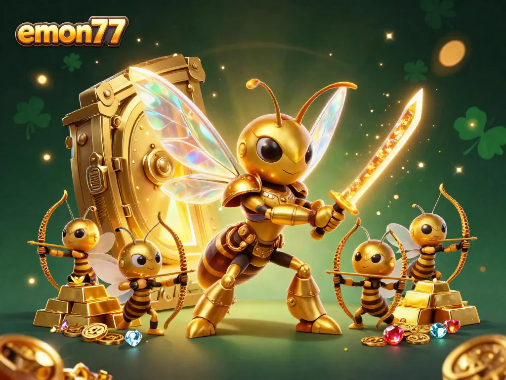 Experience the excitement of emon77 with vibrant gaming elements and a golden hornet hero.