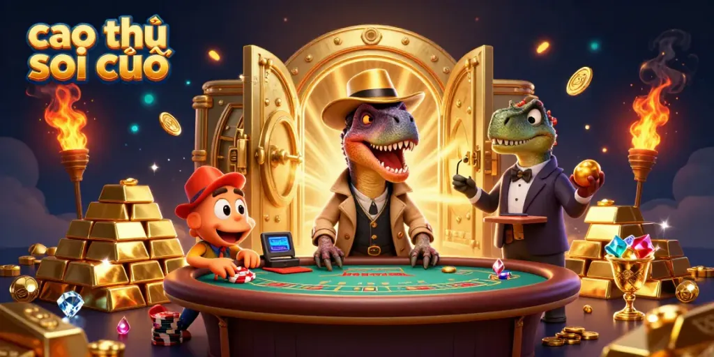 Exciting scene of cao thủ soi cầu characters at a blackjack table surrounded by treasures and vibrant lights.