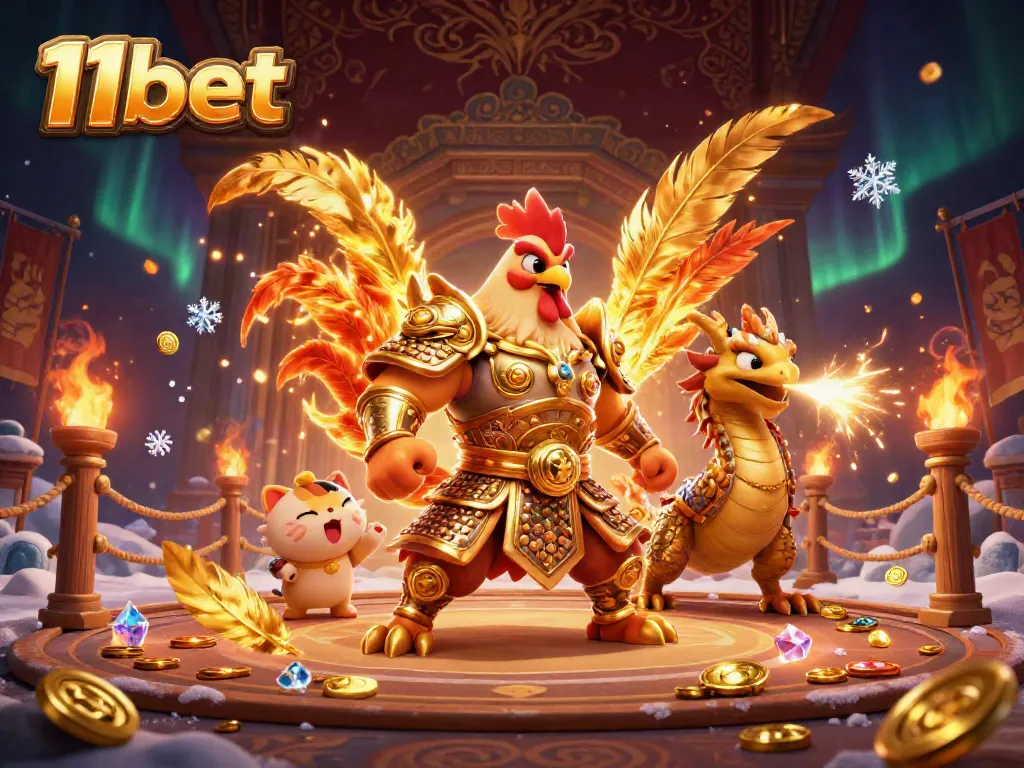 Engage in thrilling action with 11bet's cartoon rooster warrior, armored dragon, and fortune cat mascots