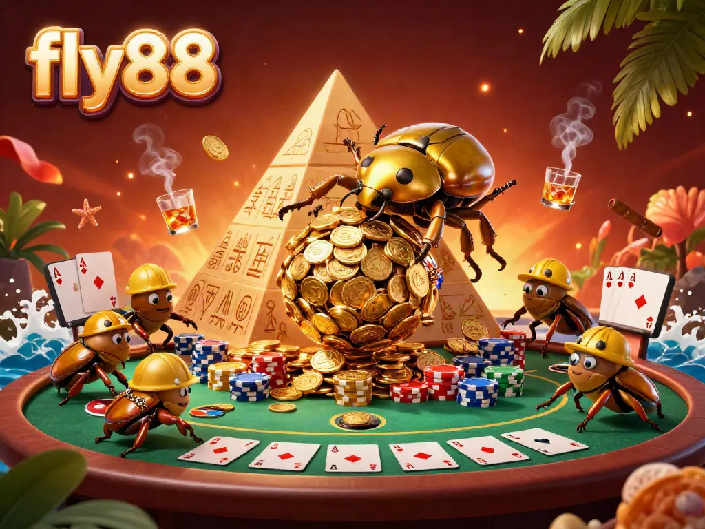 Experience exciting gameplay with fly88 as a golden beetle rolls coins, surrounded by poker elements.