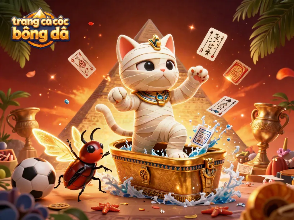 Engaging scene of trang cá cược bóng đá showcasing a cartoon mummy cat and sports betting elements for an exciting online casino experience.