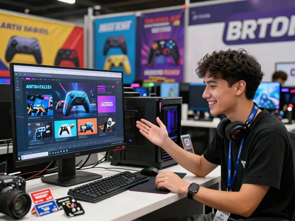 Engaging e-commerce scene at warung168 showcasing gaming products and promotions, vibrant atmosphere.