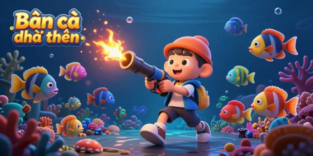 Engage in the underwater realm of Bắn cá đổi thưởng with vibrant sea creatures, a spectacular cannon in action, and golden rewards.