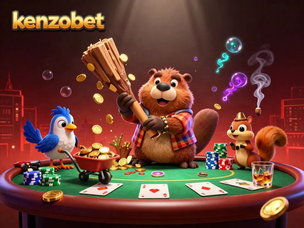 Experience the thrill of kenzobet with a lively 3D illustration of a lumberjack beaver enjoying casino elements.