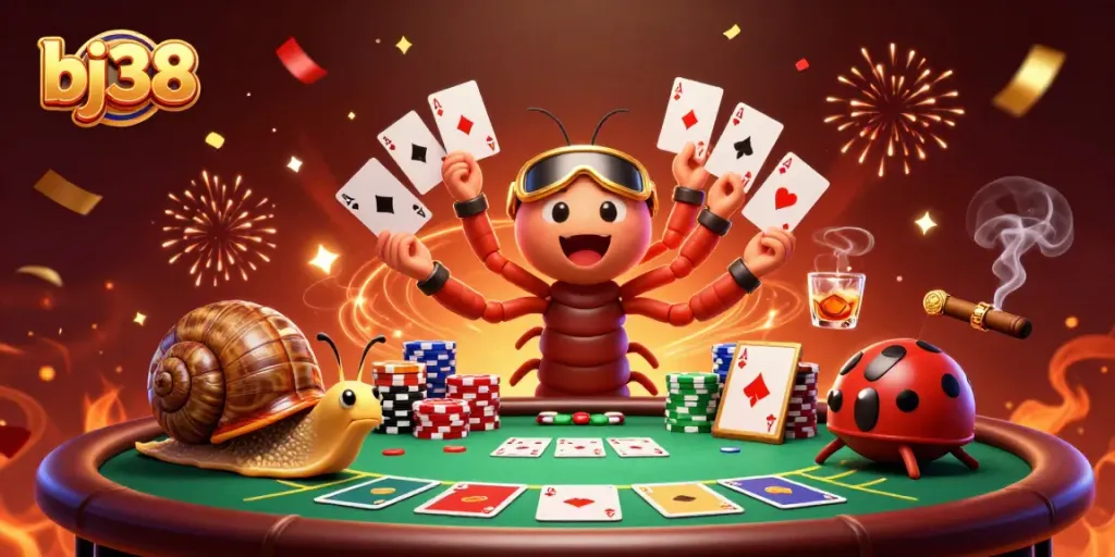 Experience thrilling poker action at bj38 with an excited millipede dealer, colorful chips, and high-rolling players!