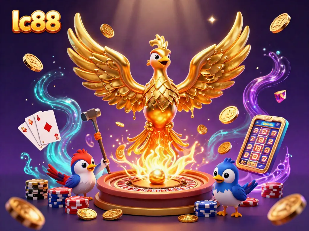 Experience the thrill of lc88 with a dynamic 3D illustration of casino games and golden symbols.
