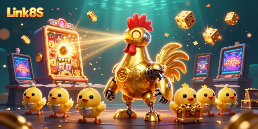 Engage with the Link 8S slots extravaganza featuring a golden rooster robot and baby chick drones.