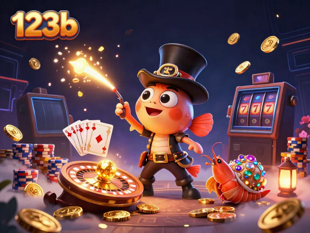 Engage with the thrilling casino experience at 123b, featuring vibrant characters amidst stunning gaming visuals.