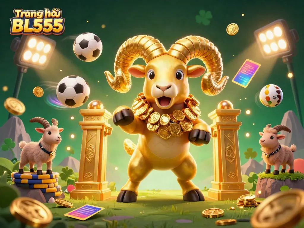 Engage in thrilling action at Trang chủ BL555, featuring a golden ram and dynamic sports elements in a vibrant casino setting.