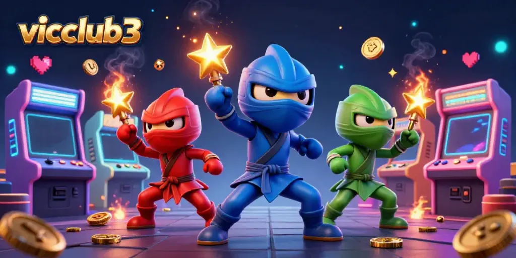Experience high-energy gaming action with the vicclub3 ninja chameleon team in a colorful casino scene.
