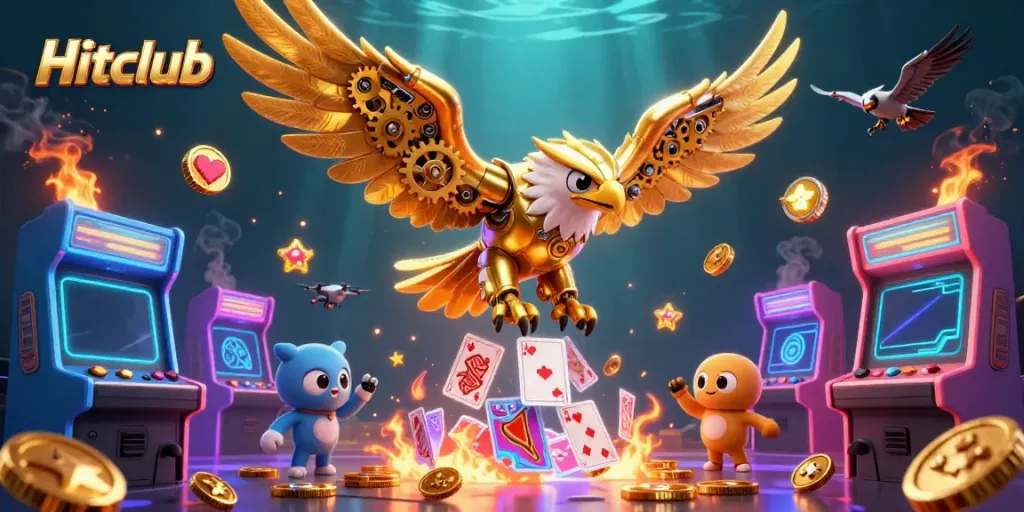 Hitclub showcases a cybernetic eagle soaring through holographic cards, symbolizing winning in online gaming.