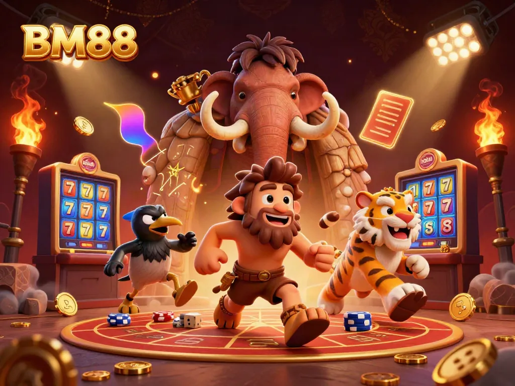 Experience excitement at BM88 with playful cavemen, tigers, and vibrant casino action.